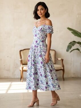 Vintage Karen Stevens Floral Drop Waist Midi Dress Cotton Whimsical Women’s US 6